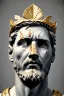 Placeholder: Ultra Realistic image, Roman sculpture, white marble material, Lionel Messi, gold Laurel leaves wreath, god crown, baroque ornaments, one gold star in heart, sun ornament, sun rays background, chisel style, waist up portrait, emperor style, epic, celestial, cinematic lighting, God light, god rays, 4k resolution, smooth details, ornate details, soft lighting, unreal engine 5, art station, substance 3d.