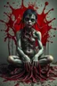 Placeholder: Petit weird woman with many worms from his body, sit pose, fullbody, splashes blood, behind guts rising from the ground, darkred tones, macro photography,