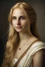 Placeholder: portrait of a woman who looks like an elegant, greek goddess; she is beautiful and has long blond hair, friendly, kind and gracious