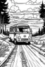 Placeholder: Outline art, no shading, van on the road, cartoon style, black and white, low detail, --ar 9:11