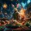 Placeholder: infernal portrait of chopped crazy scientist and army officer irradiating food inside grove with huge fluffy levitating yoga hare with nightmare mutations getting blasted by explosions, 4 k, down-light, soft light, depth of field, photo realism, trending on art station, high detail, spray paint