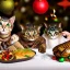 Placeholder: Cats and children eating Christmas dinner with alien lion and floating ball, and exquisitely decorated turkey and HR giger alien