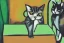 Placeholder: Cubist portrait of a cat sitting on a green table