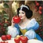 Placeholder: [high res colourful photo by Raphael Albert, (unidentified) ] snowhite eats the flashy red apple 1970s/80s