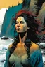 Placeholder: create a closeup full body print illustration of a female Salish shaman with highly detailed hair and feminine facial features, along the rocky shore of Vancouver Island , in the comic book art style of Bill Sienkiewicz, Mike Mignola, Sparth, Maxfield Parrish, and Jean Giraud Moebius, finely textured, drawn, colored, and inked, suffused with dramatic natural light, chiaroscuro