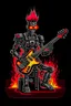 Placeholder: A robot terminator with a red punk crest playing bass, black background, flames all around him.