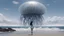 Placeholder: Wide-angle shot of a woman, standing to one side on a beach with huge waves, with dark hair in a silver robotic catsuit, many large Portuguese Man-of-War jellyfish floating high up in the air, masterpiece, best quality, super detailed