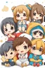 Placeholder: Adorable chibi five anime caracters happy group sitting together on White Background, cartoon mood