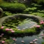 Placeholder: Round pond with lots of water, moss-covered stones all around and the water has a delicate pink shimmer, a few delicate pink flowers on the stones and a small waterfall