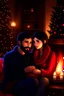 Placeholder: Fire place Christmas scene, dark haired couple, man with short black beard, blue eyes, cozy, young couple, high definition, graphic