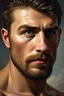 Placeholder: Realistic oil painting of a man with one eye in a he middle with piercing green eyes, by John William Waterhouse, (long shot), dramatic lighting, classical mythology theme., cloudy smoky background