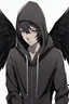 Placeholder: Anime man with black wings, realistic, wearing a hoodie