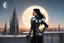 Placeholder: A slim Woman With Black shoulder length hair, Wearing a silver and black android-looking suit, standing sideways On a ledge of a building, with a moon Behind Her Head, towering spires and buildings highlighted by the setting sun