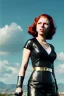 Placeholder: retro portrait image from 1960, sky background, wind, long red hair, fighting stance, sweet young Scarlett Johansson, black dress, classic tight lycra black suit, weapon, gold bracelet and belt, high heel boots, soft color, highly detailed, unreal engine 5, ray tracing, RTX, lumen lighting, ultra detail, volumetric lighting, 3d, finely drawn, high definition, high resolution.