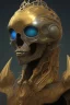 Placeholder: black African alien, cracks in the head, wicked, Asian eyes, crown, blood, 8k, finely detailed, photo realistic, Boris Vallejo style turquoise skull head gold dragon space alien rain skeleton silver helmet silver space suit spaceships