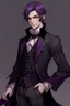 Placeholder: crea un personaje de anime masculino, con pelo violeta oscuro, vestimenta elegante y oscura de la epoca victoriana. hacelo de cuerpo entero