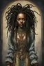 Placeholder: full body colored etching of an ornately dressed, malevolent, predatory voodoo vampire girl from the French West Indies with highly detailed beaded dreadlock hair and facial features ,in the style of Rembrandt, Gian Lorenzo Bernini, and Johannes Vermeer, with a fine art aesthetic, highly detailed , realistic , 4k UHD