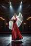 Placeholder: A full-body cinematic photograph of a graceful Azerbaijani woman performing a traditional national dance. She wears an intricately embroidered velvet bodice and a flowing long silk skirt. On her head is a small ornate traditional crown with a long, translucent white lace veil flowing elegantly behind her. She stands in a poised, elegant dance pose on a sleek modern performance stage with dramatic professional spotlighting. The stage is set inside a massive opulent royal hall with high ceilings,