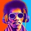 Placeholder: a realistic portrait of Jimi Hendrix at a turntable with headphones on being a DJ, vivid color, with sunglasses