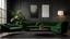 Placeholder: Black interior with green velour sofa, table, fur carpet and decor. 3d render illustration mock up.