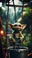 Placeholder: close up portrait of a gremlin with arm hair standing up in a model a bucket ski lift in dark lit reflective wet jungle metallic hall dome hotel tunnel, in the style of a game,bokeh like f/0.8, tilt-shift lens 8k, high detail, smooth render, down-light, unreal engine, prize winning