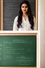 Placeholder: An elegant and graceful Indian actress stands before a green chalkboard adorned with diagrams. She wears a white button-up shirt paired with a flowing skirt, exuding charm and beauty. The scene is captured in exquisite detail with 8K UHD resolution using a DSLR camera, complemented by soft lighting and high-quality film grain from the Fujifilm XT3. With a captivating expression, she gazes upwards, her eyes closed, while adding a touch of allure with fishnet stockings and high heels.