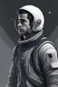 Placeholder: A DIGITAL ART portrait of a soldier astronaut walking. He is 30 years old. His eyes are tired. He is stoic and focused. Grey. We see him from across the room. He is ready to talk.