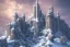 Placeholder: fortress like minas tirith on the side of a singular snowy mountain with a single tiny man standing infront of it in dark fantasy style