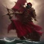 Placeholder: a pirate warrior in dark red full armor and mask, on his ship, holding a football, a highly detailed illustration, background of giant crashing ocean waves, realistic render, 8 k, micro detail, intricate, elegant, centered, digital painting, Artstation, smooth, sharp focus, illustration, artgerm, tomasz alen kopera, peter mohrbacher, donato giancola, joseph christian leyendecker, wlop, boris vallejo