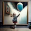 Placeholder: A picture shown in the exhibition in the museum of a girl blowing up a balloon tied to her hand with a string, the balloon comes out of the picture and flies in the museum space