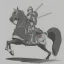 Placeholder: pencil sketch from side, little knight on the horse in armor with lancet charging