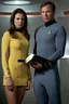 Placeholder: 20-year-old Mina Shatner as Captain Kirk, wearing a yellow, thigh length, long-sleeved, slit mini-dress with a plunging neckline and an upside-down, V-shaped Starfleet communication badge on the left chest, Physician's rank on the collar and sleeve cuffs