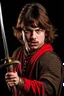 Placeholder: european brown hair young adult royal guard swordsman with rapier scary face screamer