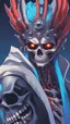 Placeholder: a close up of a person with a skull on their head, blue and black colors, anime skull portrait man, scary detailed art in color, hiroyuki-mitsume takahashi, nychos art aesthetic, half man half skeleton, anime cyberpunk art, colored manga art, rossdraws pastel vibrant, hot colors. insanely detailed, beautiful anime portrait, stunning anime face portrait, scary art in color