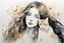 Placeholder: long haired woman with cat, white watercolor and black ink, golden glitters