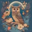 Placeholder: Best quality, masterpiece, ultra high res, detailed, illustration, design, flat vector style, high resolution, illustraTed, shadows and light, aesthetic, modern, ambient lighting, flat colors, vector illustration, owl, moon, leaves, stars, flowers, sailor jerry tattoo, old school tattoo