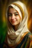 Placeholder: Realistic digital art, full body portrait, delicate young Norwegian Muslim, mature, beautiful and attractive, cute nose, wearing a hijab, full lips, sweet smile, light natural makeup, wearing a white wrap dress, Nordic pattern, long wavy hair, colored eyes bronze, digital art, masterpieces, trending at art station, volumetric lighting, triadic colors