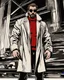 Placeholder: a young man with big muscles who looks like hans gruber wearing a heavy coat and red sunglasses staring with an irritated look on his face standing in front of a large fire