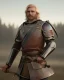 Placeholder: strong medieval men warrior with blond short hair, blue eyes and wide warm smile with an axe with green and brown clothes