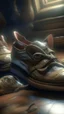 Placeholder: Bosch painting style nightmare, A hyperrealistic shot of a pair of old army leather shoes with a large hole in front and small mouse hidden in it , the head of the mouse , intricate details, soft natural light, screen captured from 4K Blu-ray