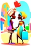 Placeholder: Love is in town. Prompt: Stylized 3D cartoon woman in profile view with long elegant proportions and smooth dark skin tone. Wearing a color-block mini skirt and sleeveless top. Her head wrapped in a turban and accessorized with bracelets and pearl earrings. Holding a small gift box with ribbon in her hands. Accompanied by a tall male companion in matching stylized design. Set against a soft studio backdrop --ar 2:3 --profile sng3ui9 --stylize 300 --draft