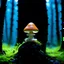 Placeholder: "Close up of a wonderful tiny Mushroom Tower home. Orange and indigo with bright white, deep black and contrasting tones of gray. Illuminated bioluminescent forest. Professional painter, master at composition. small but detailed. broken, blurred background, voluminous lighting"