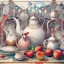 Placeholder: Watercolour and ink patchwork in the style of Jamie Heiden, Walter Crane, Yayoi Kusama, Ivan Shiskin, John Atkinson Grimshaw: zentangle cute whimsical watercolor Still life with apples on a porcelain plate and a teapot crisp quality, ultra detailed, elegant, fantastical, surreal, watercolor and pen, beautiful high definition fine 3D line art, white and grey and red dreamy colours, extremely detailed, intricate, elaborate, HDR, award winning, expressionism, fantastic view, ethereal, fantasy, unsi