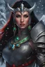 Placeholder: Fantasy art, woman valkyrie, black long hair, beautiful woman, red armour, snow background, black skin, green eyes, blue necklace