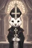 Placeholder: (anthropomorphic white ferret),dressed in ((cleric fantasy)) black clothes with silver holy ornaments, realistic anatomy, holy symbols around, serious face, hold holy cross symbol, tired face, in the style of LOISH, look at the vivewer, cute face, fantasy inspire, fantasy church on background with sunshine, gloomy atmosphere