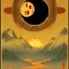 Placeholder: Ukiyo-e styled art, yin and yang sign, mountains and sun