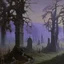 Placeholder: A purple haunted mansion with spirits near a graveyard painted by Caspar David Friedrich