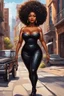 Placeholder: Create a oil painting cartoon image of a curvy black female walking thru the city streets wearing a black off the shoulder jumpsuit. Prominent make up with brown eyes. Highly detailed tight curly black shiny afro