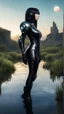 Placeholder: Fantasy Photo Of A Woman With Black Hair, Wearing A robot-looking catsuit, standing sideways On A Ledge next to a Pond, With A Planet rising Behind Her Head