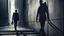 Placeholder: a high realistic photo from a business man walkings on street and behind his own shadow into an devil walking on big wall , modern city, weird atmosphere.detalied, sharp focus, surreal mood, thriller, dark dream